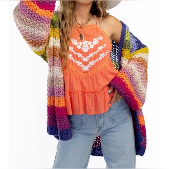 THREE BIRD NEST Wrapped in Color Chunky Knit Bright Colorful Cardigan Small VGUC - Picture 5 of 13